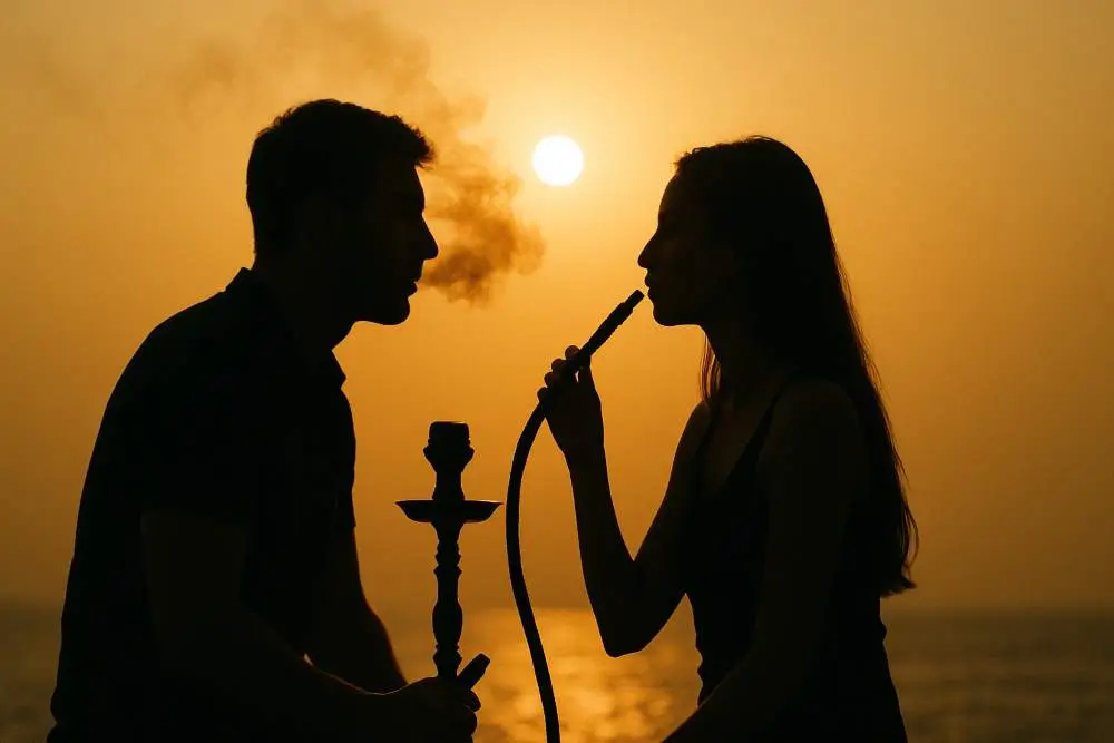 Silhouette of a man and woman smoking shisha